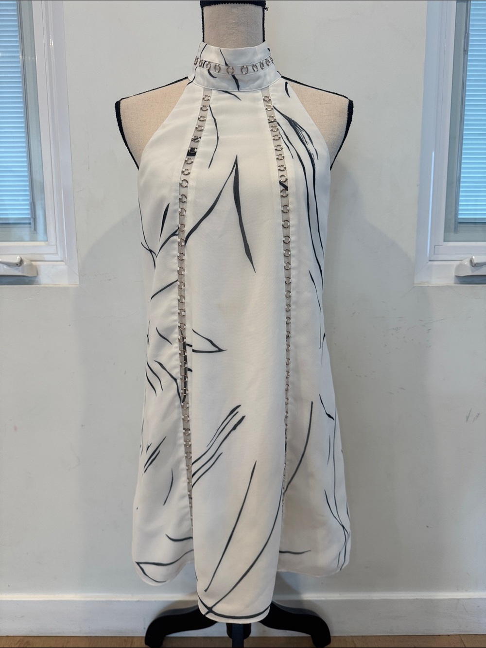 Keepsake Sleeveless White Halter Shift Dress with Black Abstract Print and gold